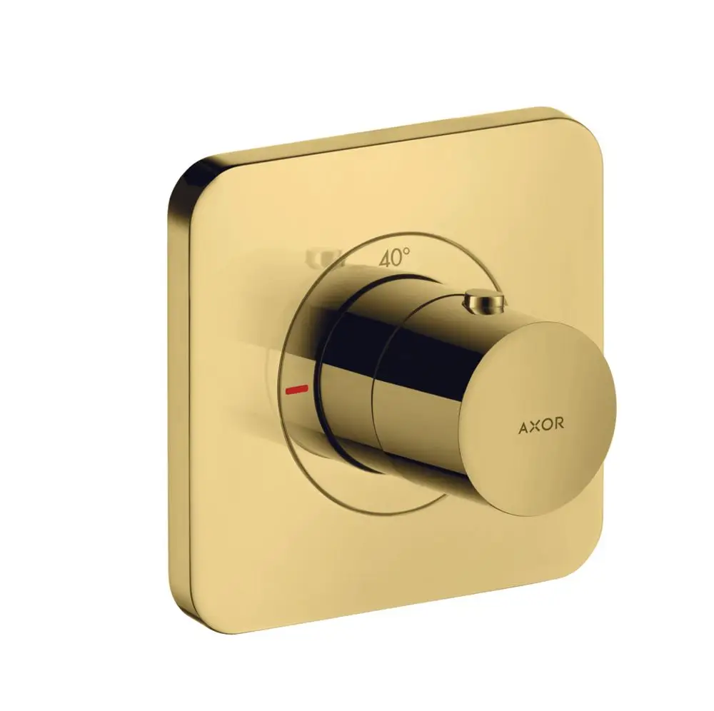 Thermostat für Unterputzmontage in polierter Goldoptik. Geräte von AXOR, mit einem runden Drehknopf zur Temperatureinstellung und einer Skala, die 40°C anzeigt.